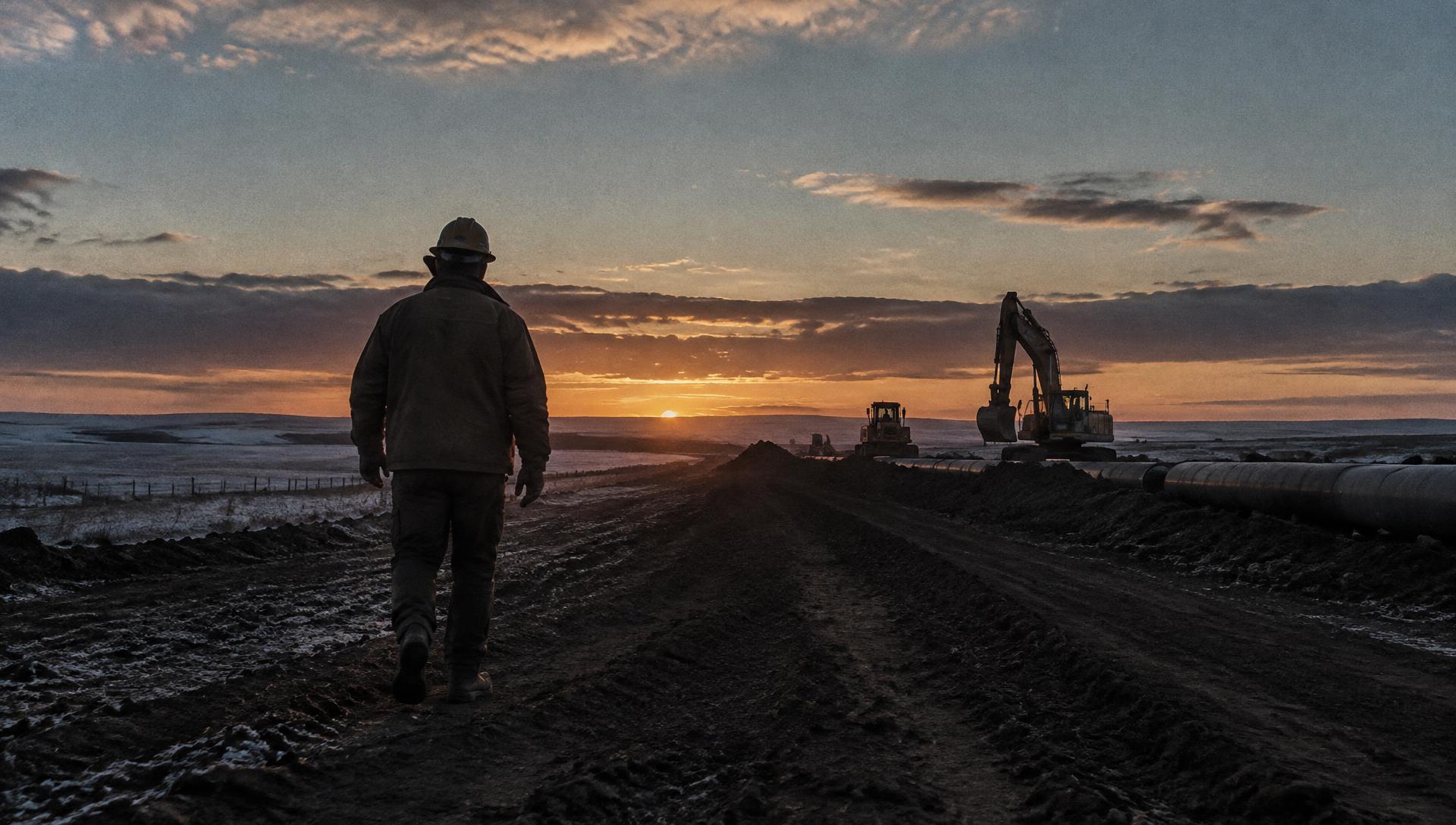 A worker in a hard hat walks a cleared earthen corridor at dawn, machinery on the horizon.